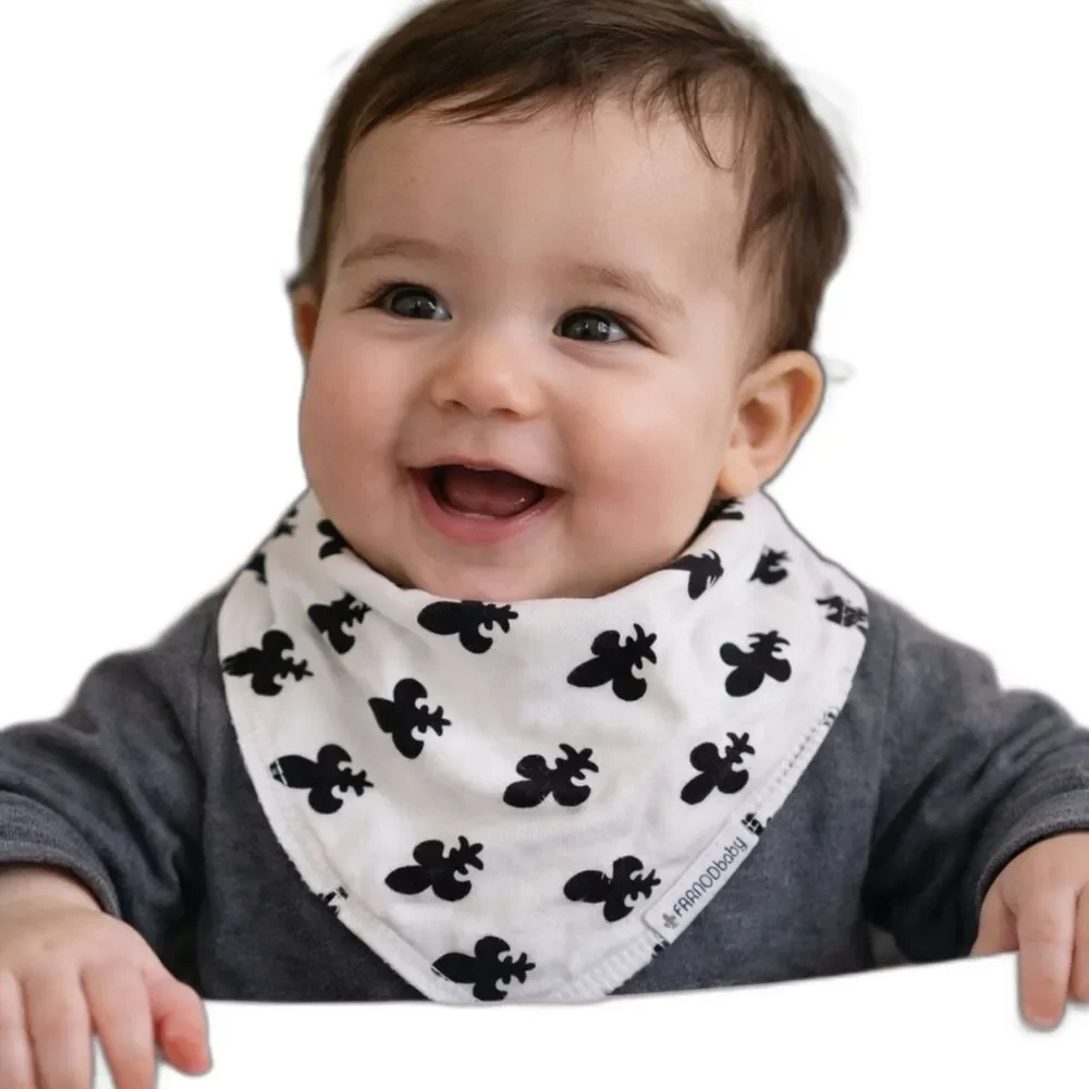 Black & White Fleur-de-Lis Bandana Baby Drool Bib – 100% Cotton, Snap Closure